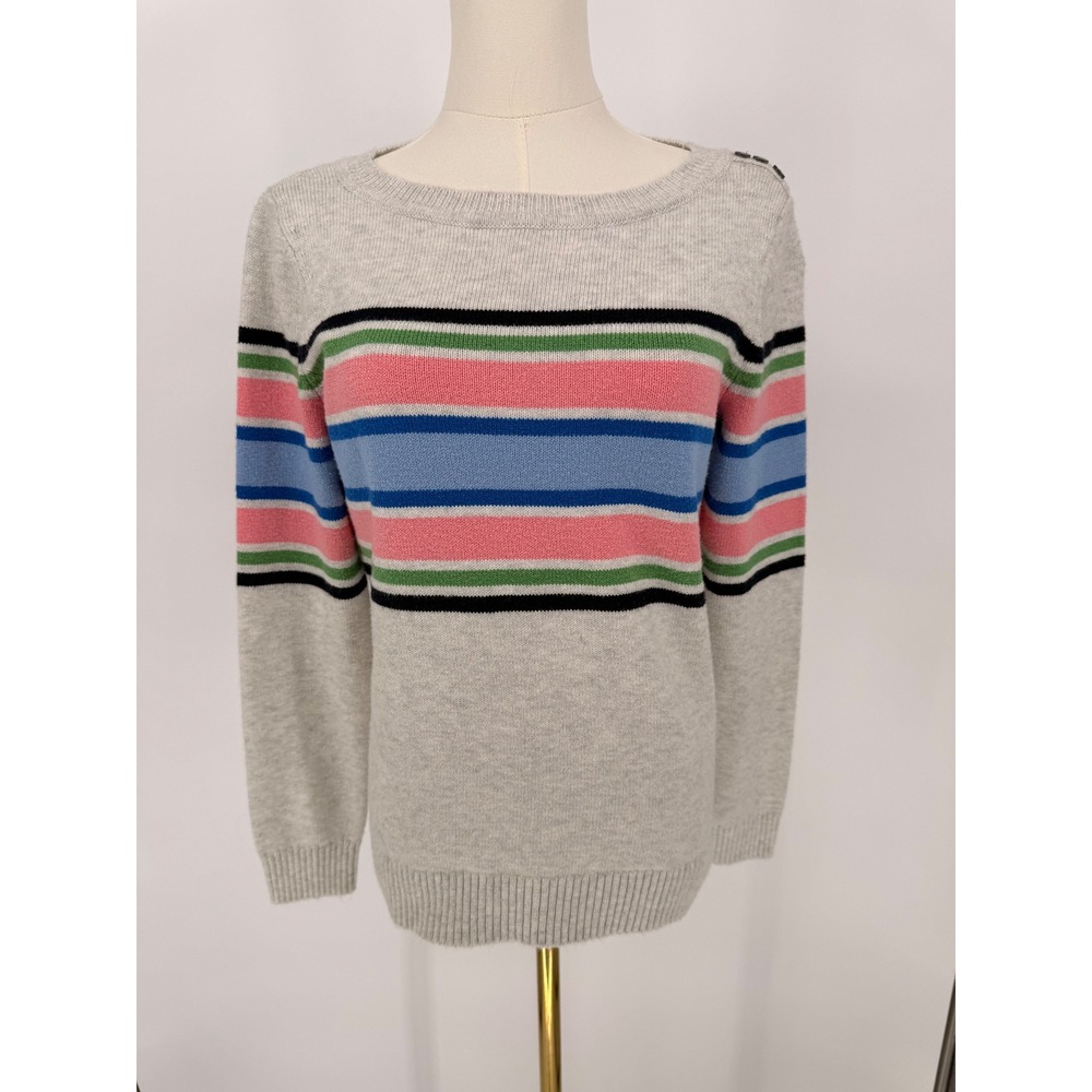Talbots Womens Striped‎ Crew Neck Sweater Gray Pink Blue  Button Shoulder Size S